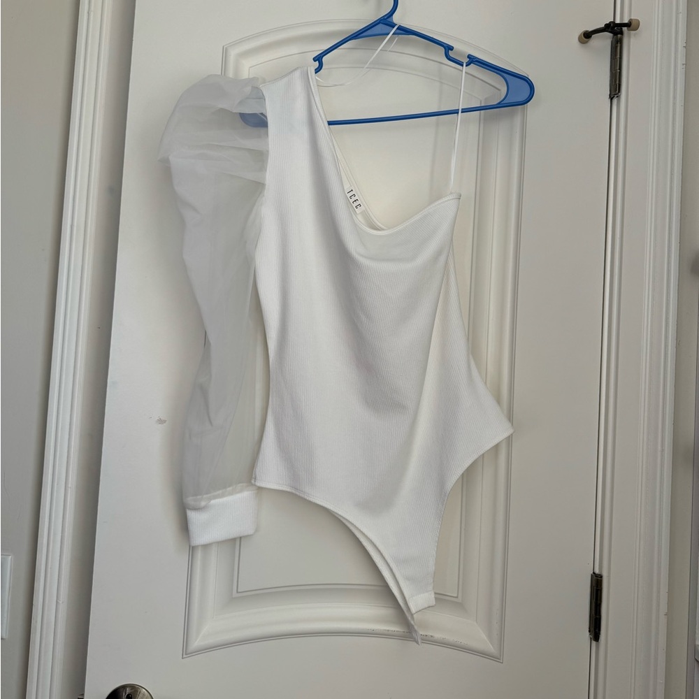 White One Shoulder Sheer Long Sleeve Bodysuit